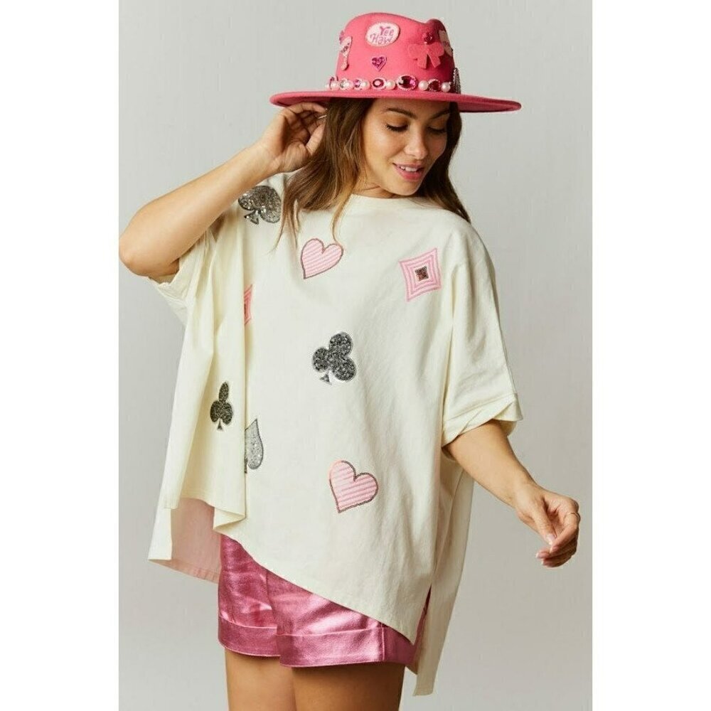 Poker Face Oversized Sequin Top in Cream - Picture 3 of 8
